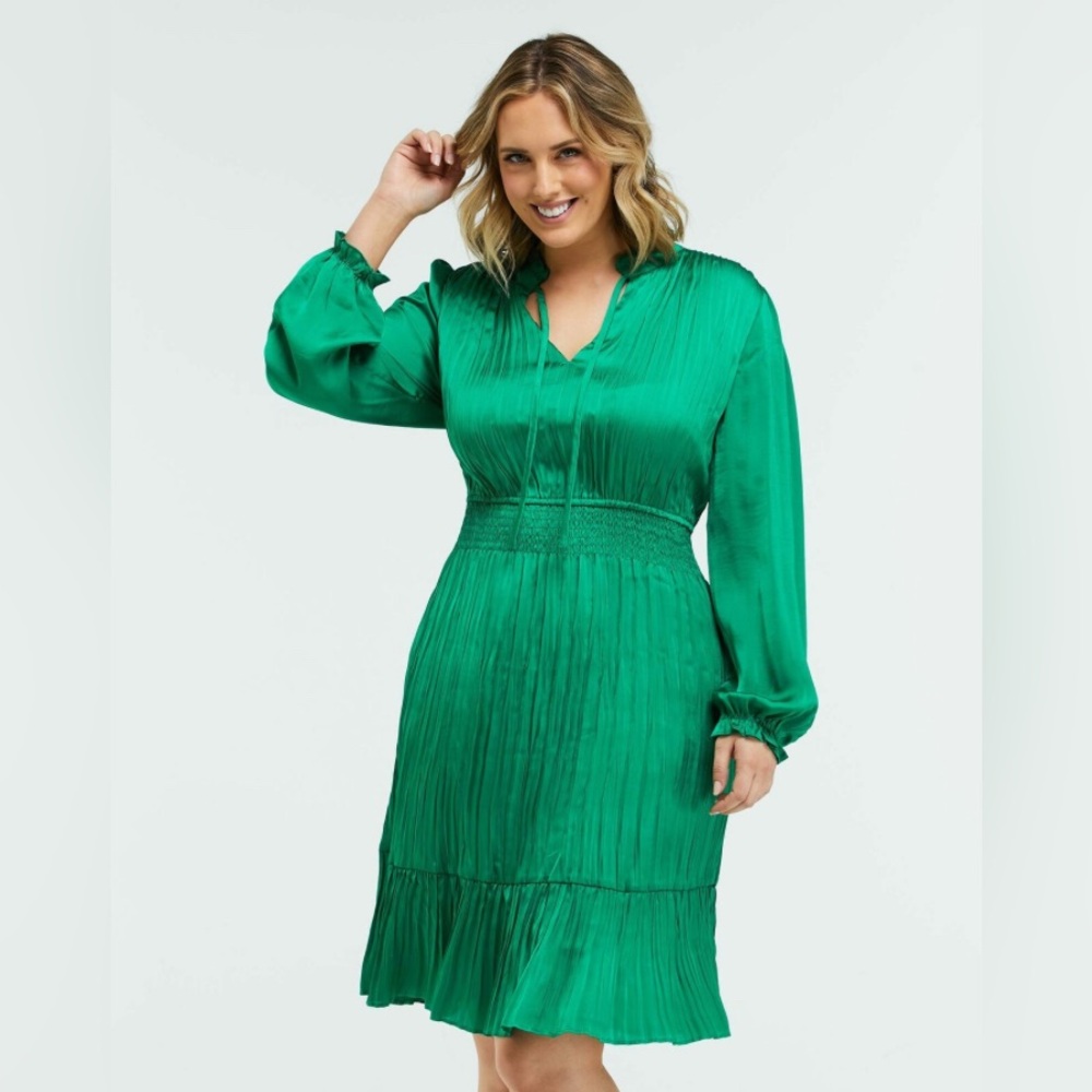 Estelle Nina Shirred Green Long‎ Sleeve Dress